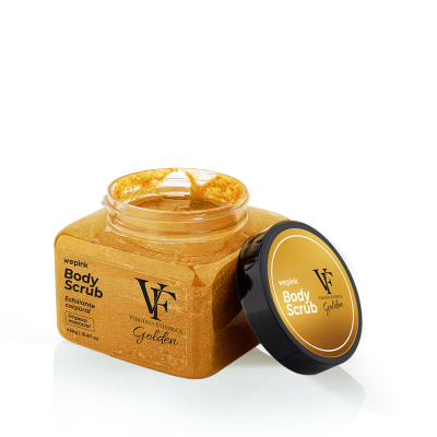 Frasco de esfoliante corporal dourado da Virginia Fonseca Golden com tampa preta aberta