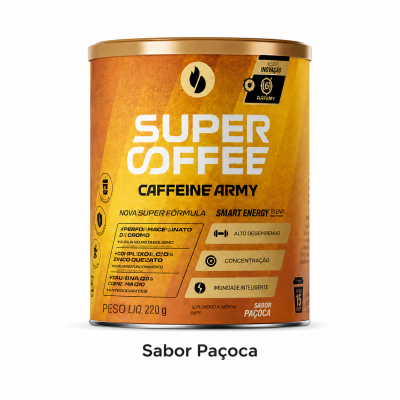 Lata amarela e laranja de suplemento alimentar Super Coffee com sabor Paçoca