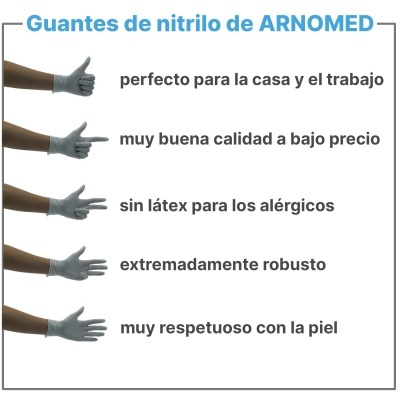 Mãos a usar luvas de nitrilo ARNOMED com texto promocional em espanhol