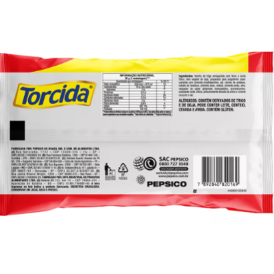 Verso da embalagem do snack Torcida com tabela nutricional e informações da marca
