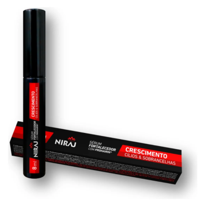Sérum fortalecedor para cílios e sobrancelhas NIRAJ, embalagem preta e vermelha
