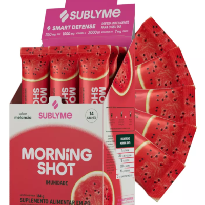 Caixa e sachês do suplemento Morning Shot sabor melancia da Sublyme com design vermelho e imagens de melancia