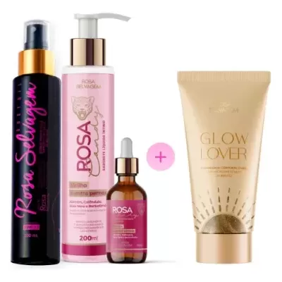Quatro produtos cosméticos Rosa Selvagem com embalagens em preto, rosa, branco, âmbar e dourado.