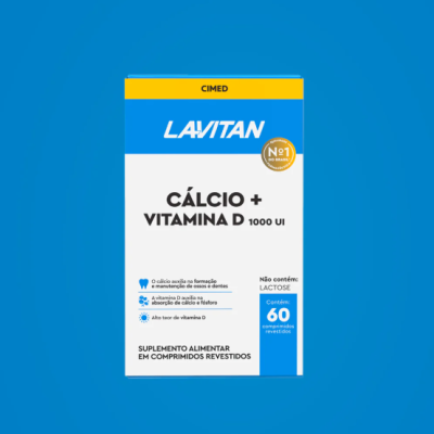Embalagem azul, branca e amarela de suplemento Lavitan Cálcio + Vitamina D