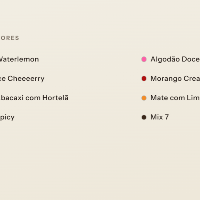 Lista de sabores sob o título SABORES em fundo bege com pontos de cor