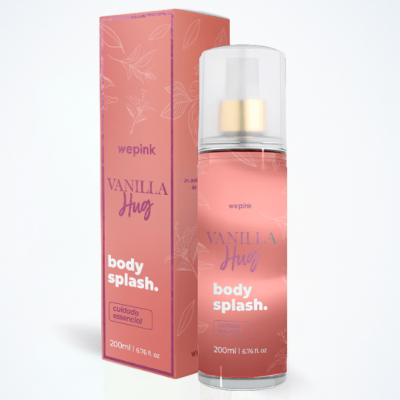 Body splash wepink Vanilla Hug em frasco e embalagem rosa com texto branco e lilás