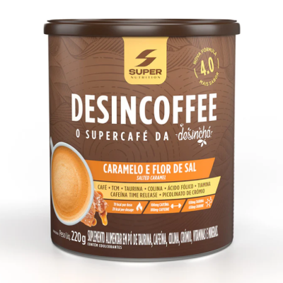 Lata de DESINCOFFEE sabor Caramelo e Flor de Sal com rótulo castanho e amarelo mostrando café e ingredientes.