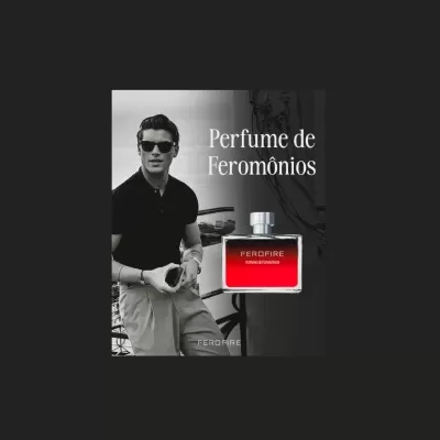 Perfume feromônios FEROFIRE com homem de óculos escuros e calças claras ao fundo