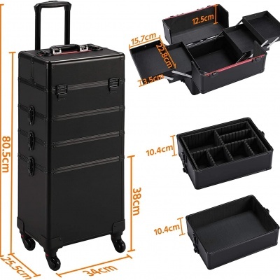 Mala de transporte preta com rodas e divisórias internas, vista exterior e interior com medidas