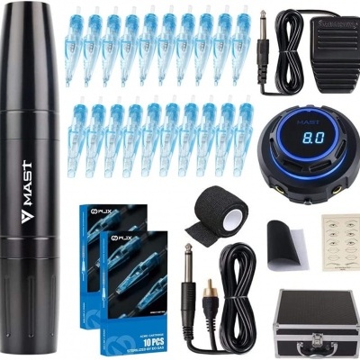 Conjunto de máquina de tatuagem preta MAST com agulhas, pedal, fonte, fita, cabos e bolsa