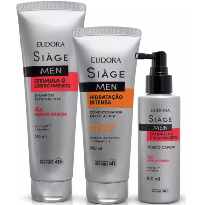 Três produtos Eudora Siàge Men para cuidados capilares com embalagens prata, preto, vermelho e laranja