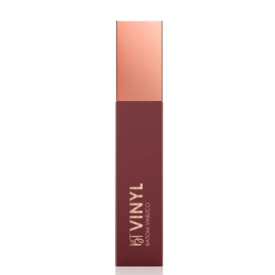 Batom líquido vinho com tampa rosa-dourado e texto Vinyl BATOM VÍNÍLICO
