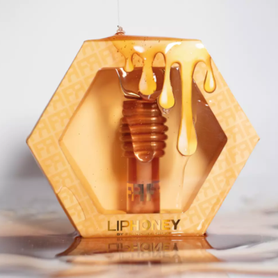 Frasco hexagonal com favo de mel e gotas de mel