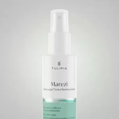 Frasco de loção branca e azul da marca TULÍPIA chamado Marezi