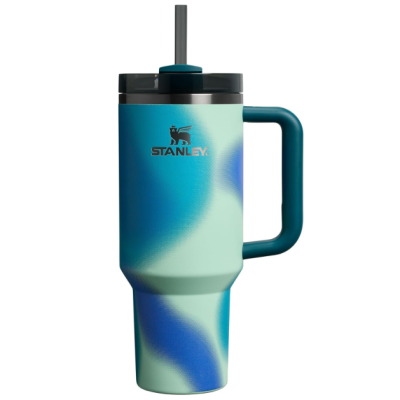 Copo térmico Stanley azul e verde com tampa preta e canudo