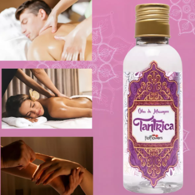 Frasco de óleo de massagem Tantrica e imagens de massagens relaxantes