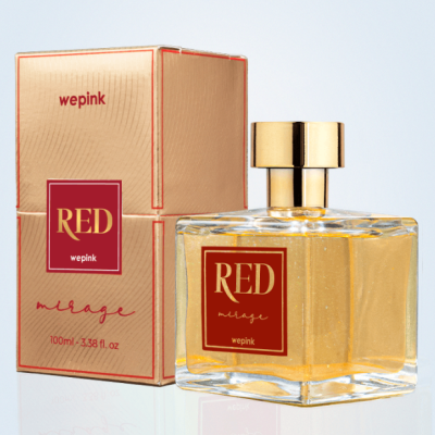 Perfume RED wepink mirage em frasco e caixa dourados com rótulos vermelhos
