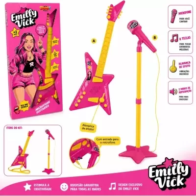 Microfone guitarra rosa e amarelo com suporte estrela e microfone Emily Vick