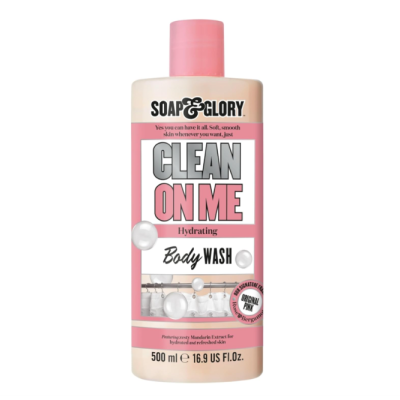 Gel de banho hidratante CLEAN ON ME da SOAP & GLORY em embalagem rosa e branca com texto