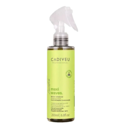 Frasco spray Cadiveu Professional maxi waves, 200ml, rótulo amarelo e verde, texto em português e inglês.