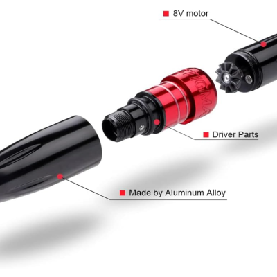 Motor elétrico de 8V com partes em liga de alumínio e componentes vermelhos e pretos