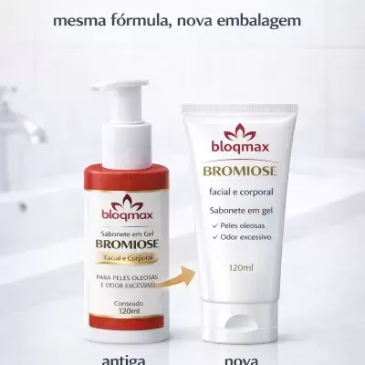 Duas embalagens do sabonete líquido Bromiose, antiga com doseador e nova em tubo branco