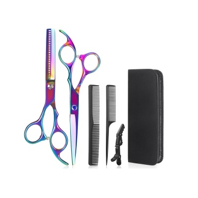 Conjunto para corte de cabelo com tesouras iridescentes, pentes, grampo e bolsa preta
