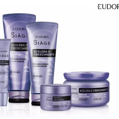 Conjunto de produtos capilares Eudora Siàge Acelera o Crescimento em embalagens roxas