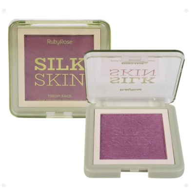 Blush rosa roxo em caixa transparente com moldura bege, texto RubyRose SILK SKIN FRESH FACE