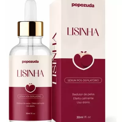 Frasco e caixa do sérum pós-depilatório LISINHA popozuda em vermelho e bege