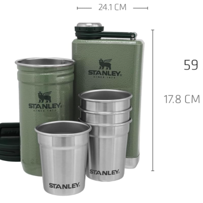 Conjunto Stanley de garrafa, copos e recipiente com tampas, materiais metálicos, verde e prata