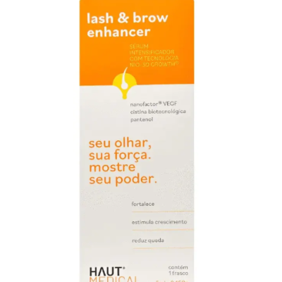 Embalagem de produto lash & brow enhancer laranja e branco com texto em português.