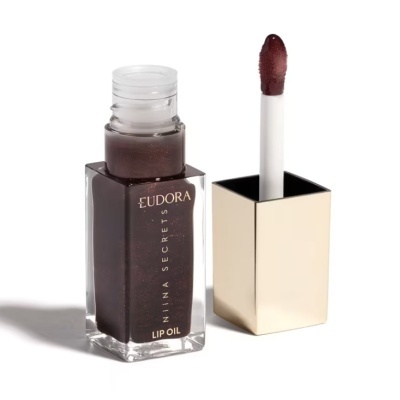 Fluído para lábios castanho escuro Eudora Niina Secrets com aplicador e tampa dourada