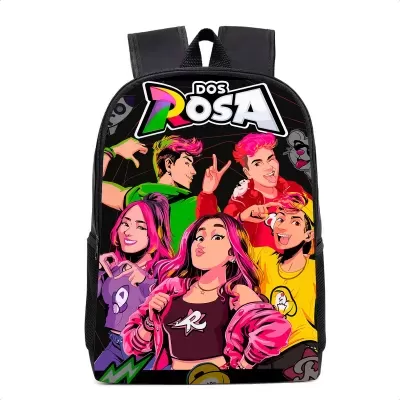 Mochila preta com arte colorida e texto DOS ROSA