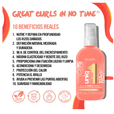 Frasco rosa do produto Revlon Uniq Curls para cabelos cacheados com texto em espanhol dos benefícios.