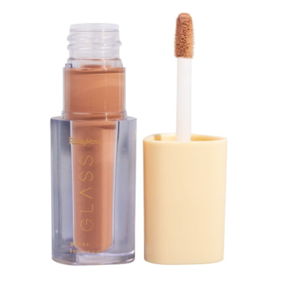 frasco de gloss labial castanho claro com tampa amarela aberta e aplicador