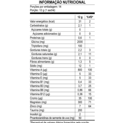 Tabela de informação nutricional detalhada de suplemento alimentar