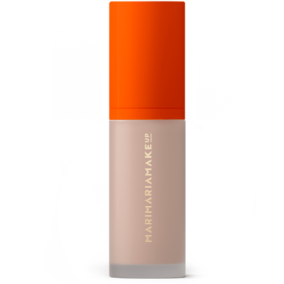 Frasco de maquilhagem bege com tampa laranja e texto MARIMARIA MAKE UP