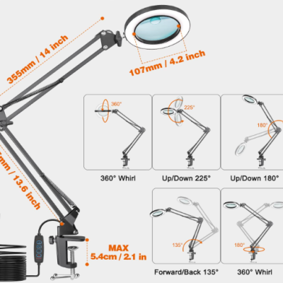 Lupa de mesa com lente circular, luz LED, cabo USB e clipe de fixação