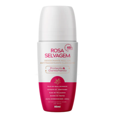 Desodorizante roll-on Rosa Selvagem com base vermelha e tampa branca