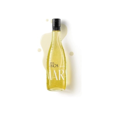 Garrafa de vidro com líquido amarelo e tampa preta, texto EKOS MAR