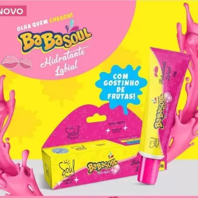 Hidratante labial BaBasoul Tutti-Frutti em embalagem amarela e rosa com sabor a chiclete.