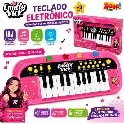 Teclado eletrónico infantil rosa com 24 teclas e botões coloridos, embalagem rosa
