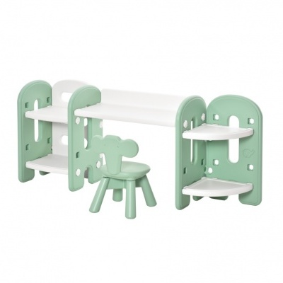 Mobiliário infantil verde claro e branco com secretária, estantes e cadeira de plástico