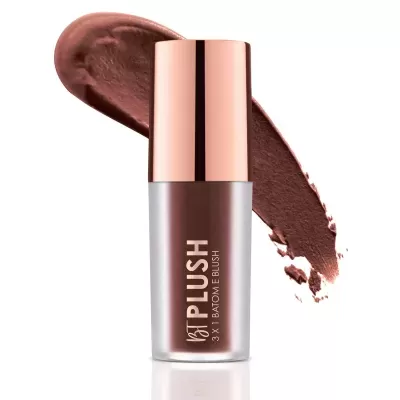 Frasco de maquilhagem castanho BTPLUSH com tampa rosa dourado e amostra do produto aplicada