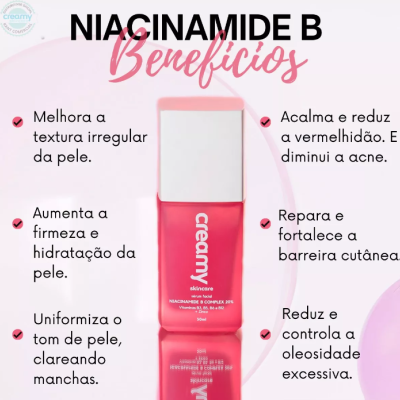 Frasco rosa de produto cosmético com tampa branca e texto sobre benefícios da Niacinamide B