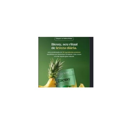 Embalagem de produto verde Blessy com abacaxi, texto em português, fundo verde