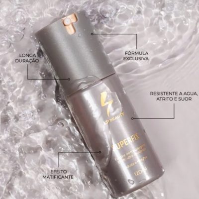 Frasco de spray para rosto SP Beauty SUPERFIX cinza metálico com texto em dourado e água