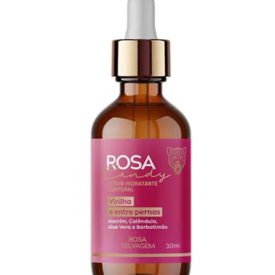Frasco âmbar com rótulo rosa de sérum hidratante corporal