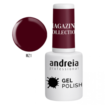 Frasco de esmalte gel para unhas com tampa bordeaux e amostra da cor MZ1